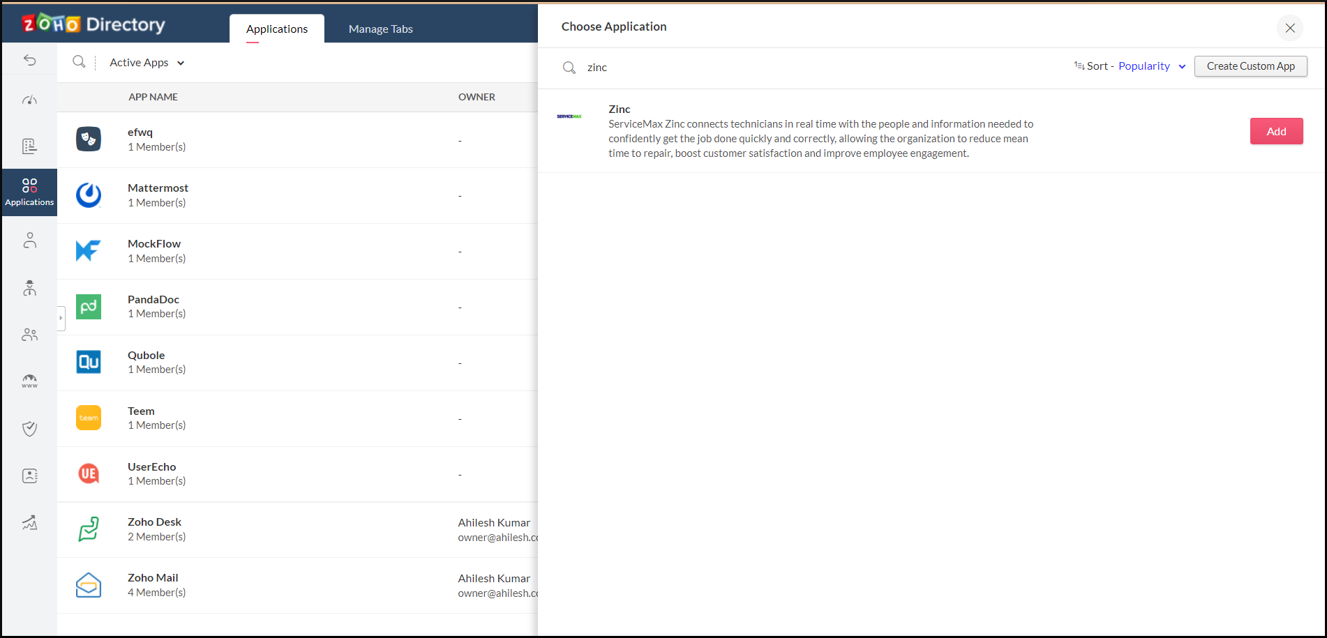 Zinc in Zoho directory