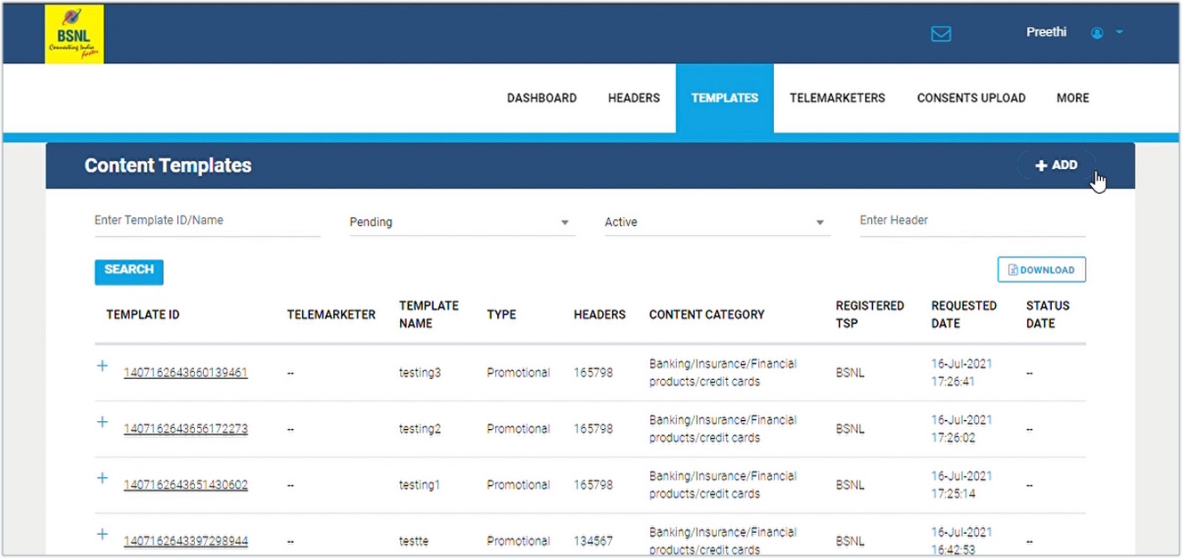 BSNL add Content template