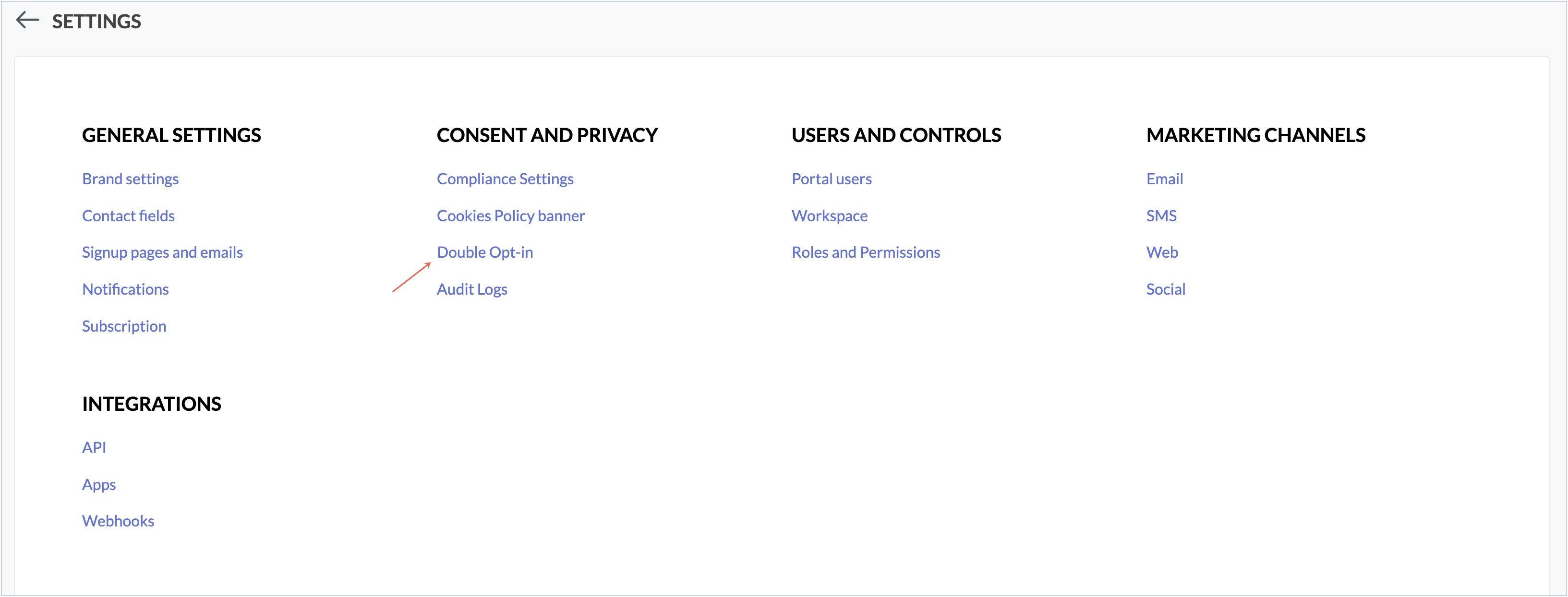 settings page