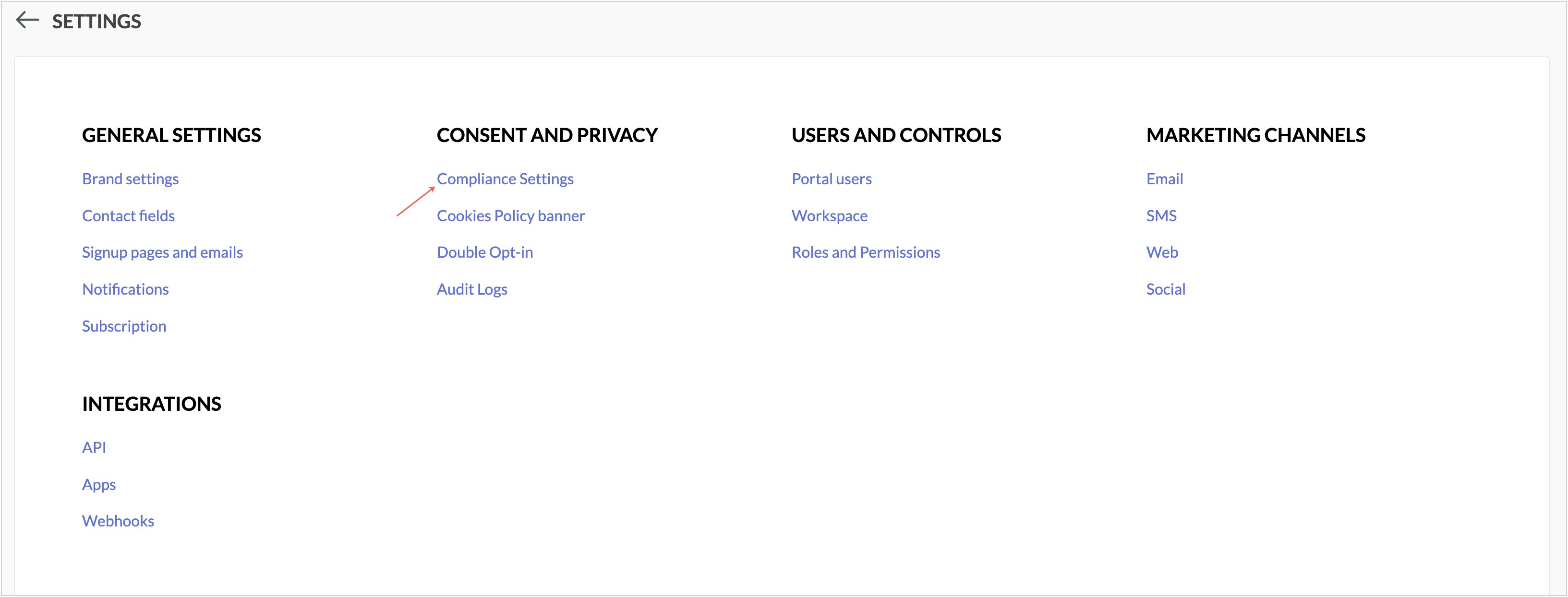 settings page