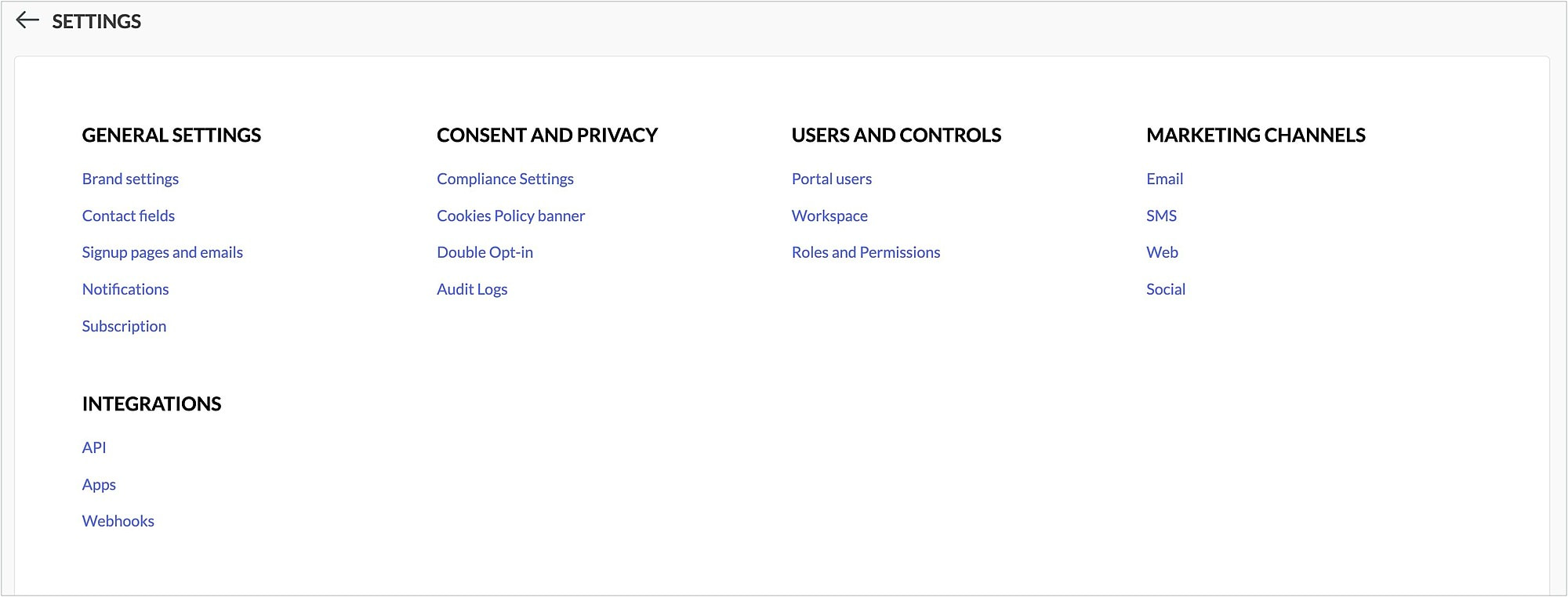 Settings page