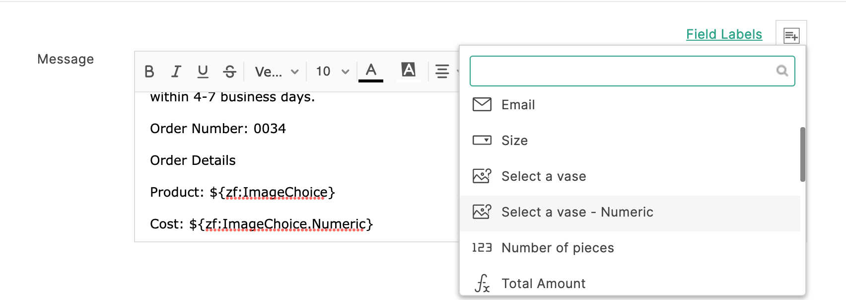 Order details in email