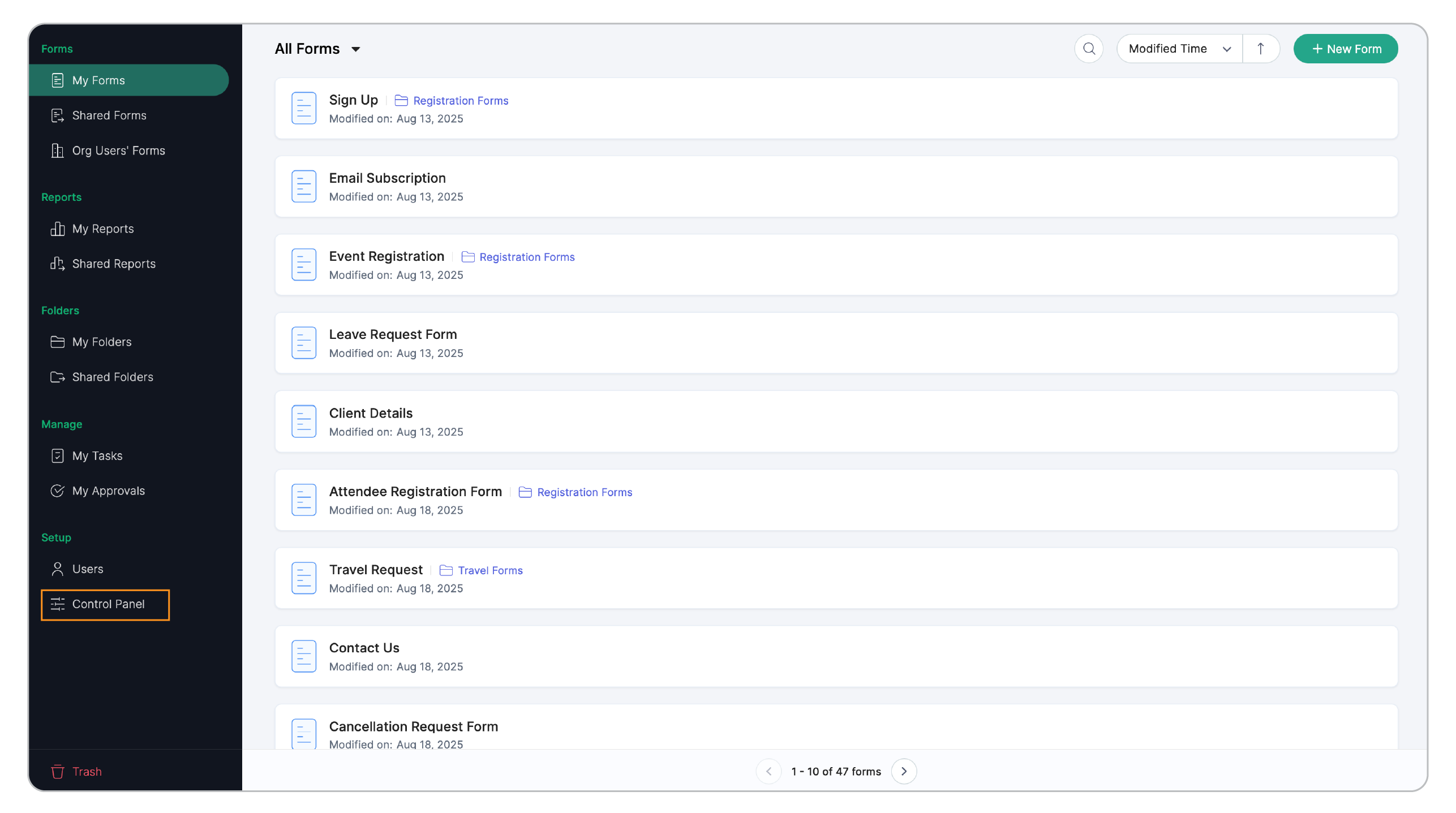 Forms Listing Page