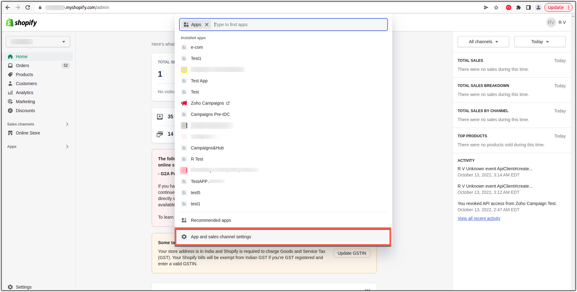App and sales channel settings