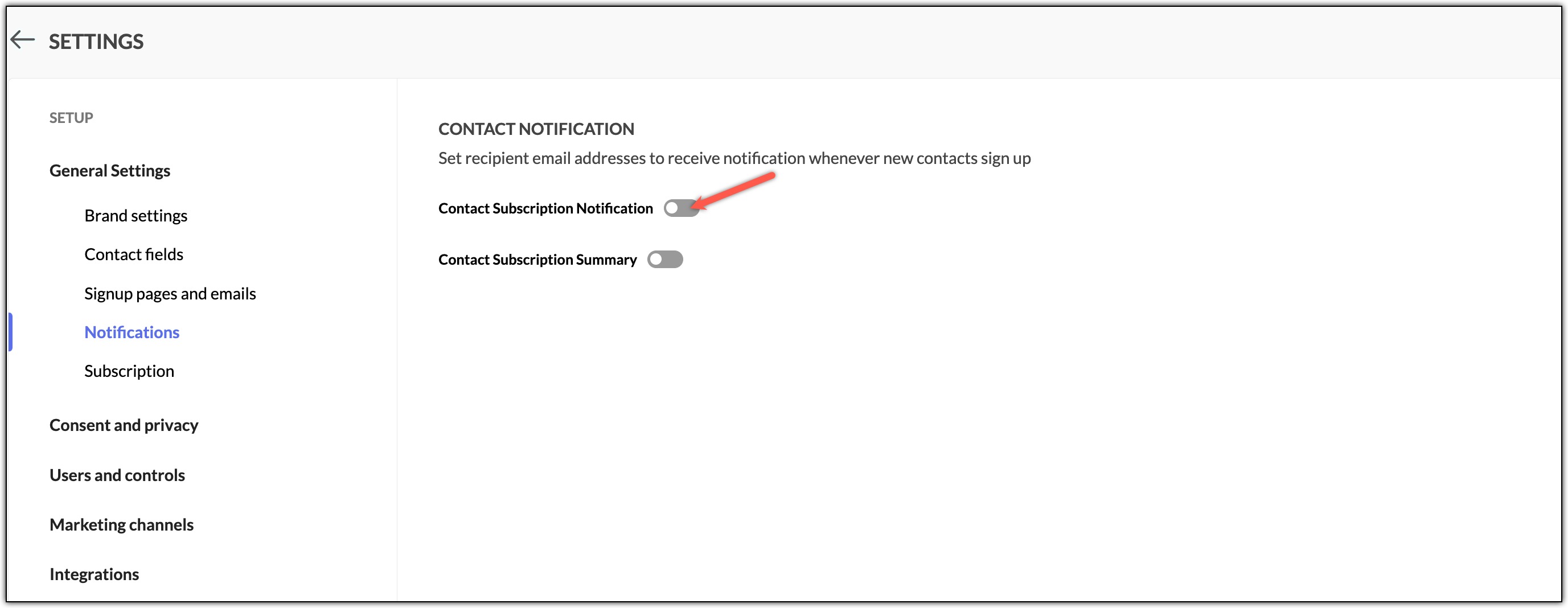 Enable contact subscription notification