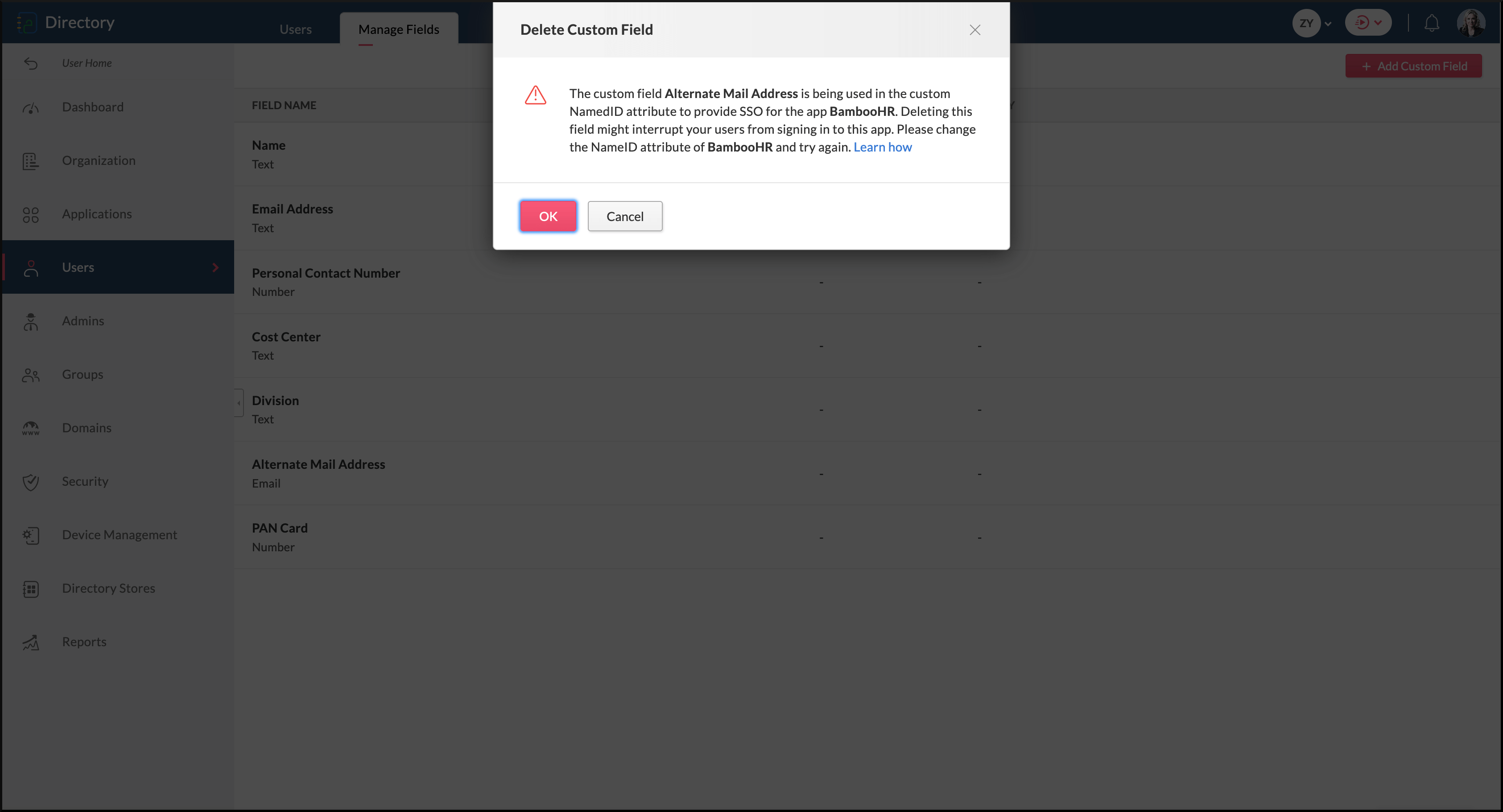 error message shown when deleting a custom field