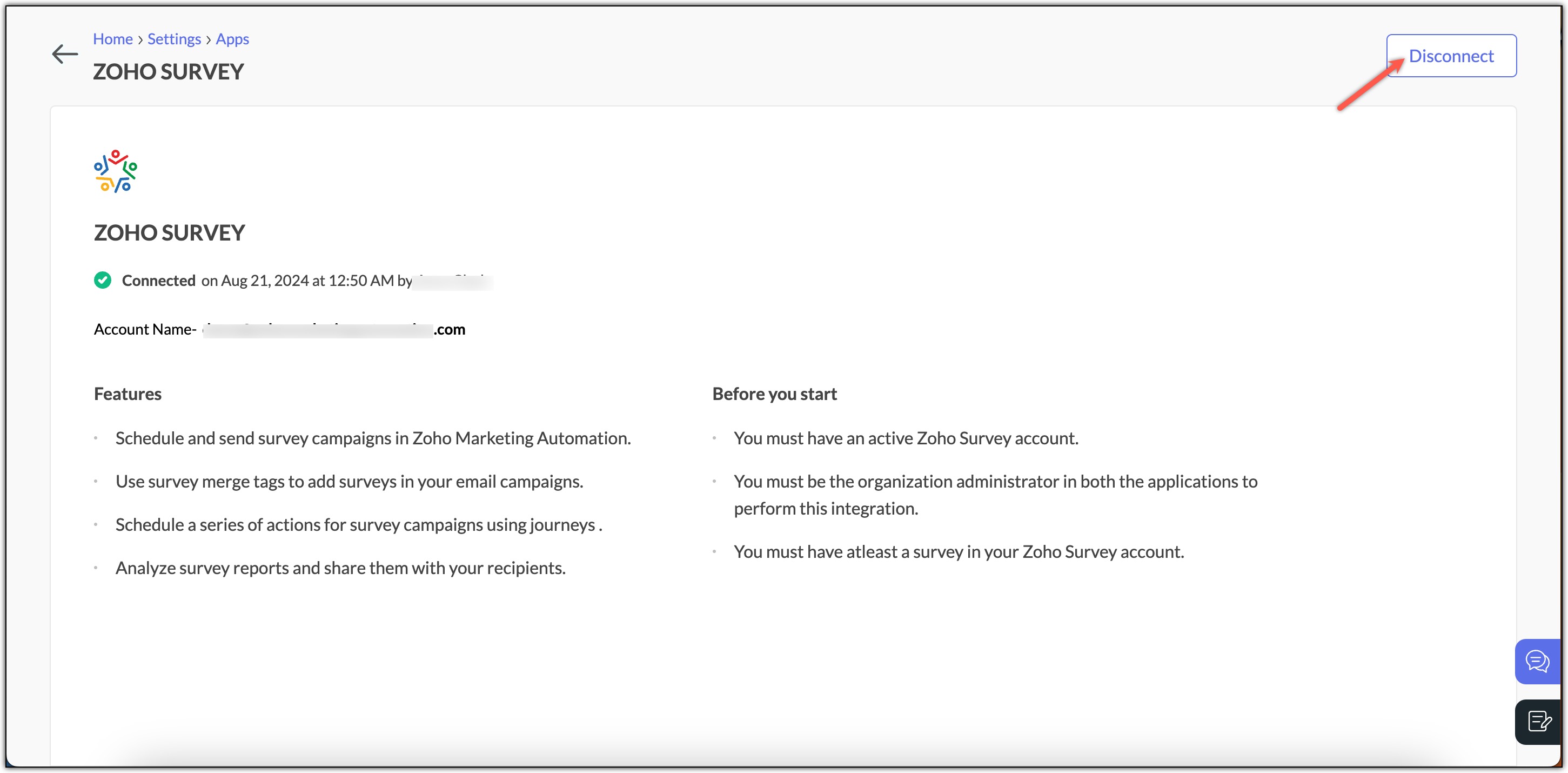 Disconnect Zoho Survey