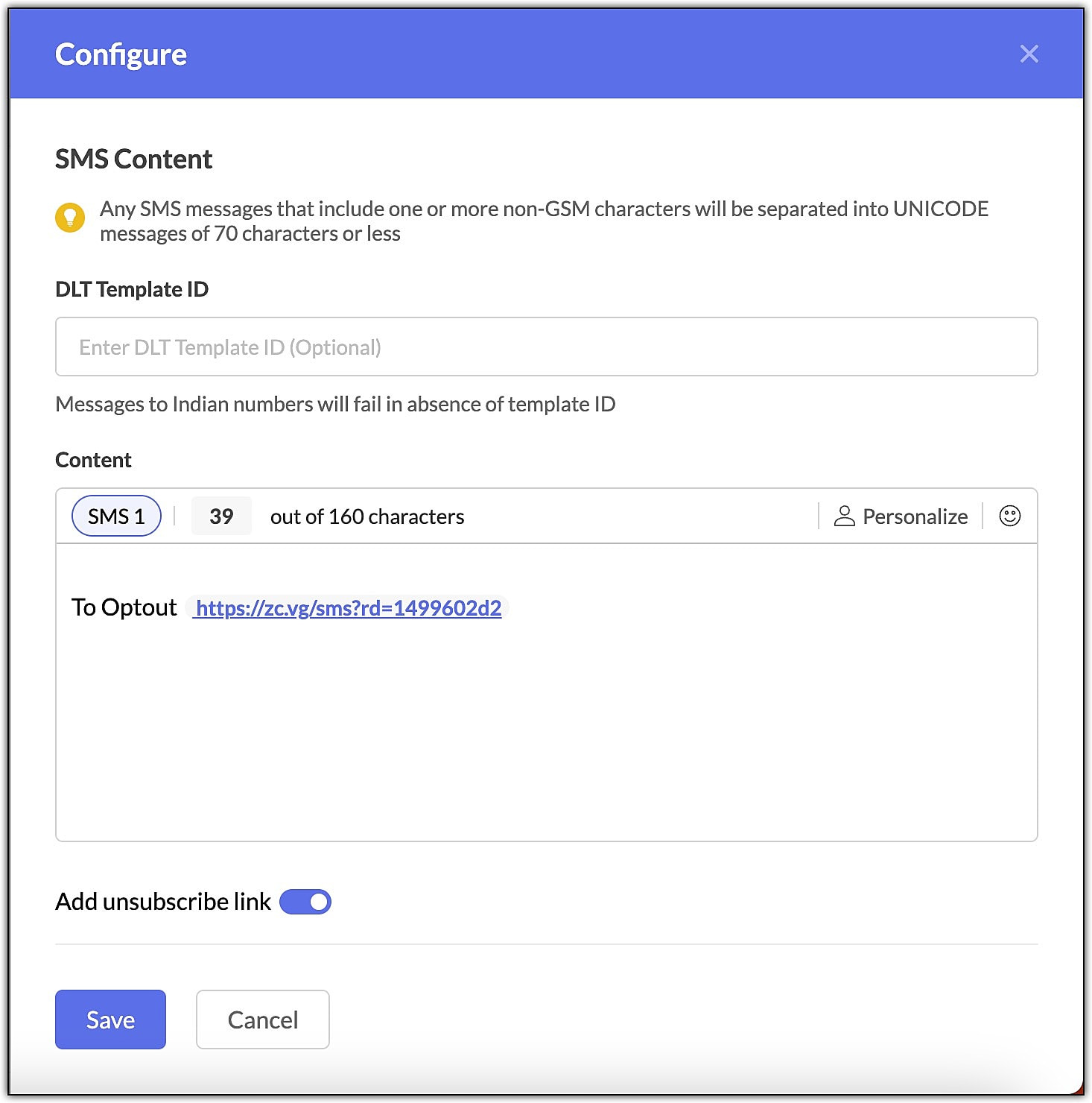 Configure SMS content