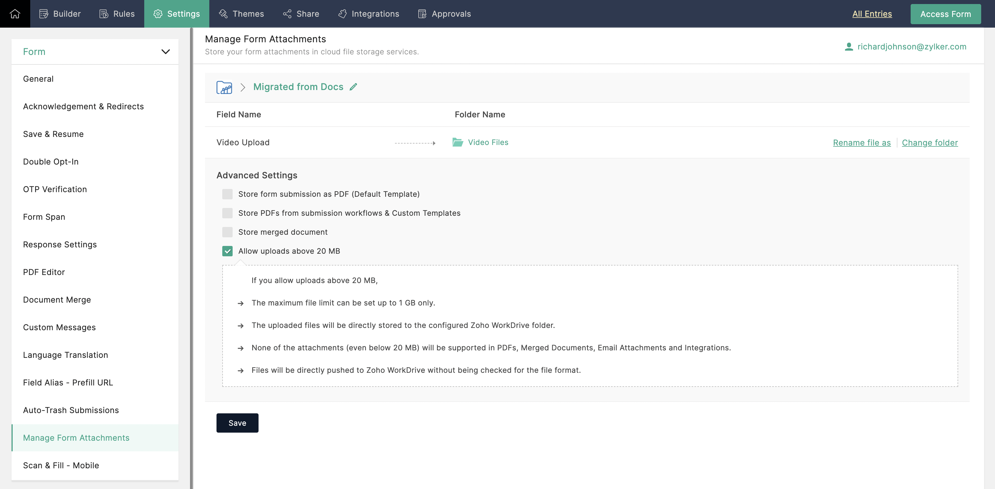 Zoho WorkDriveで20 MB以上のファイルを保存する