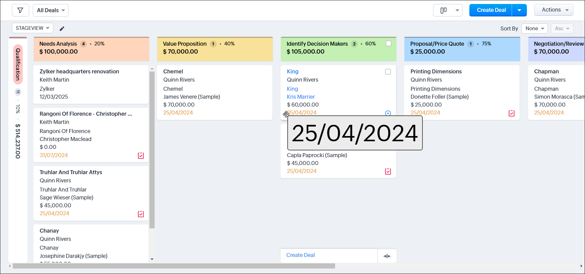 For example, a sales rep is viewing deals in the kanban view. The sales rep is unable to see the closing date clearly, so the user uses the magnify text on hover option to make the date easier to read.