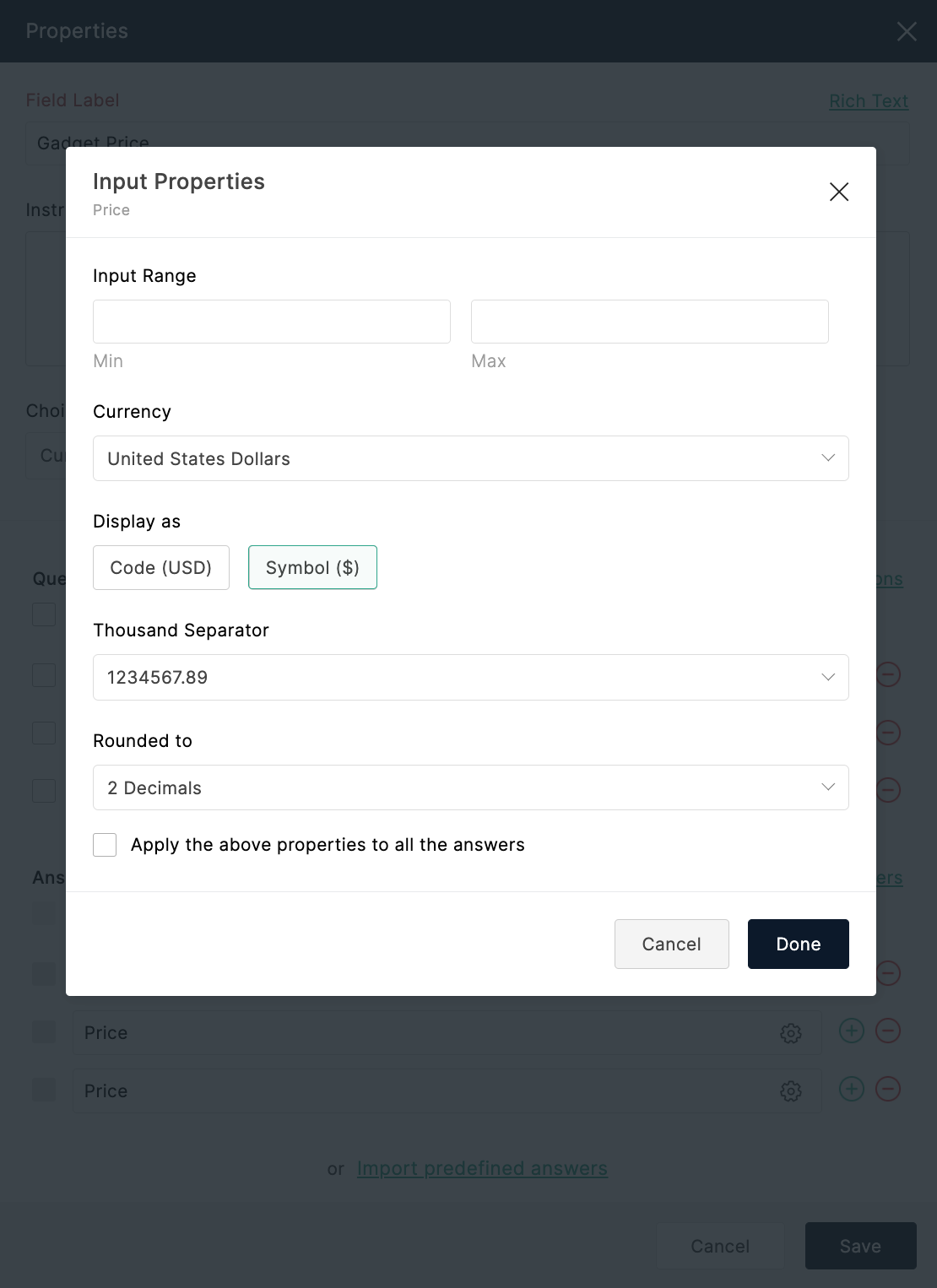 Currency type input properties