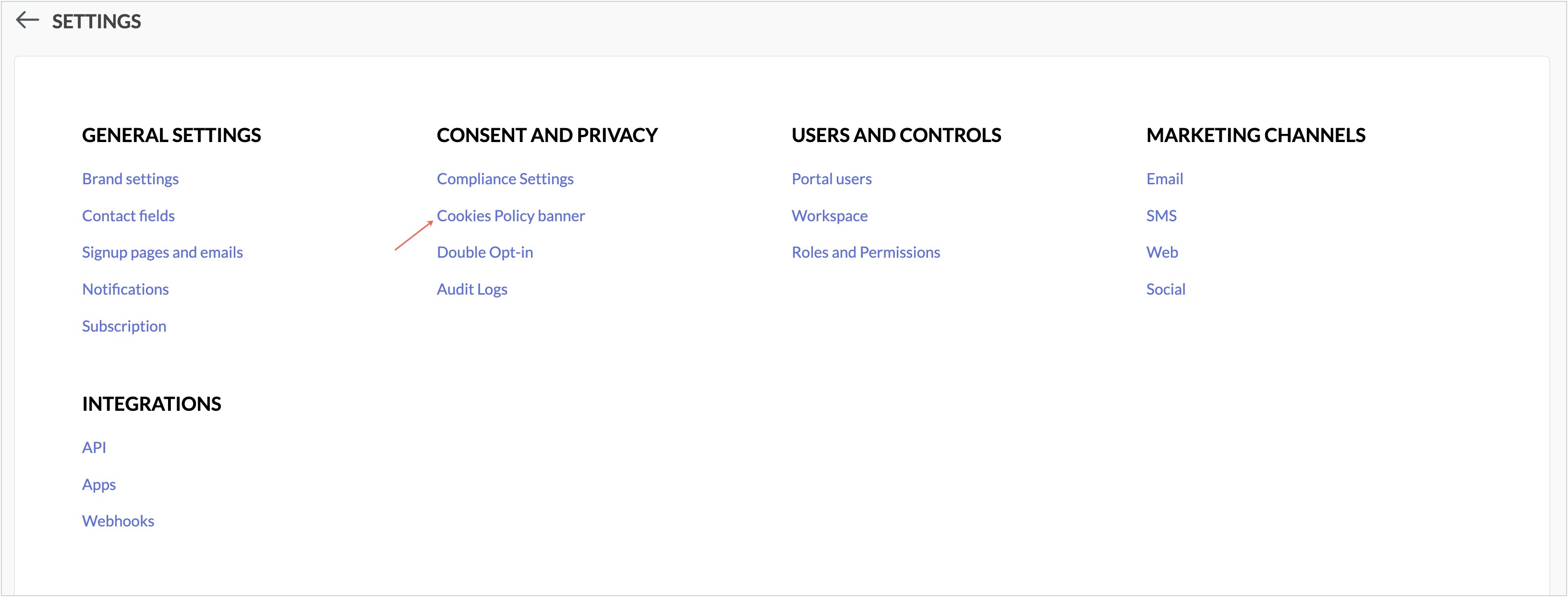 settings page