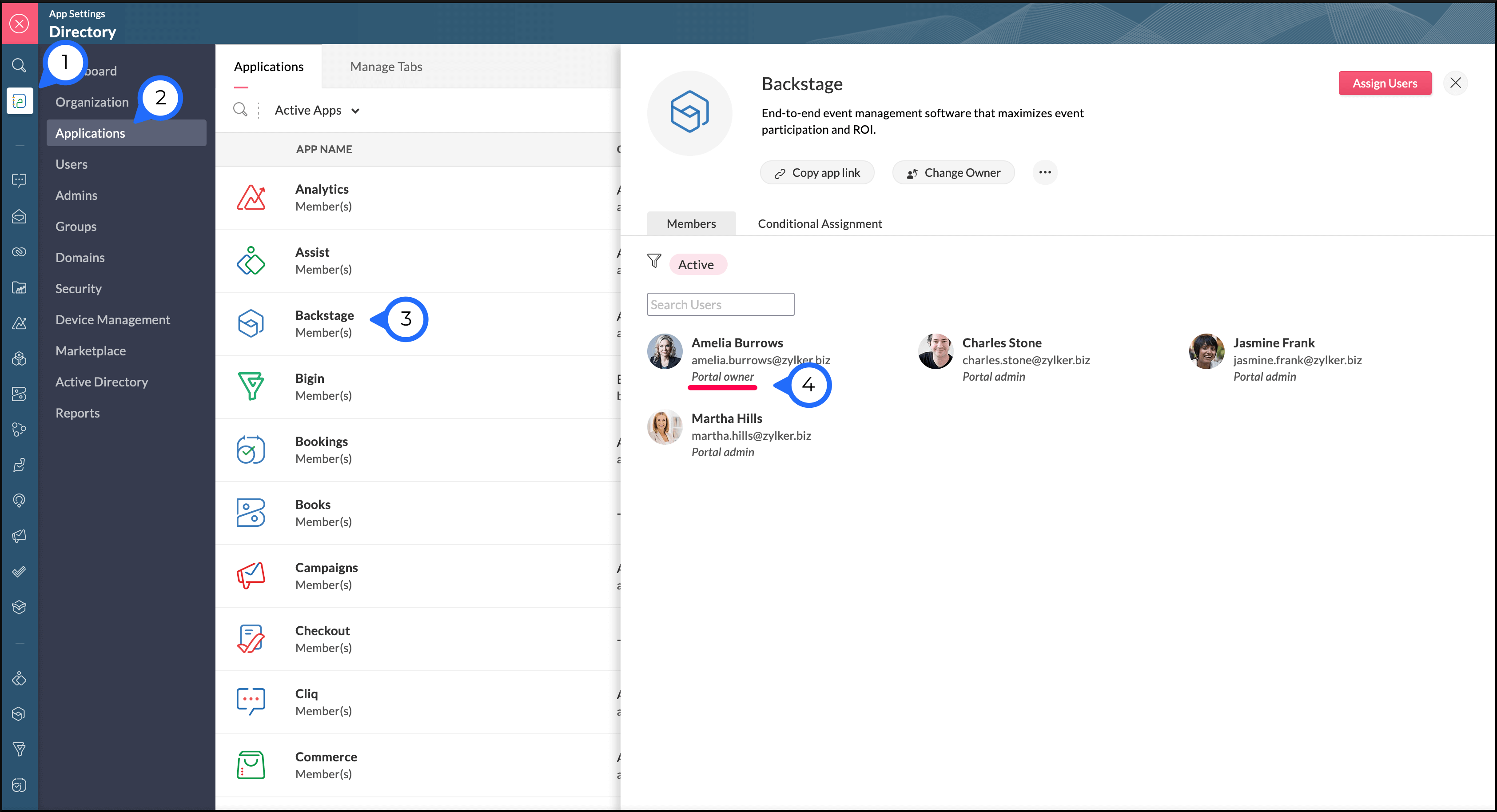 Go to Zoho One's Directory, go to the Applications tab, click Backstage, and check if the user has the role of Portal Owner.