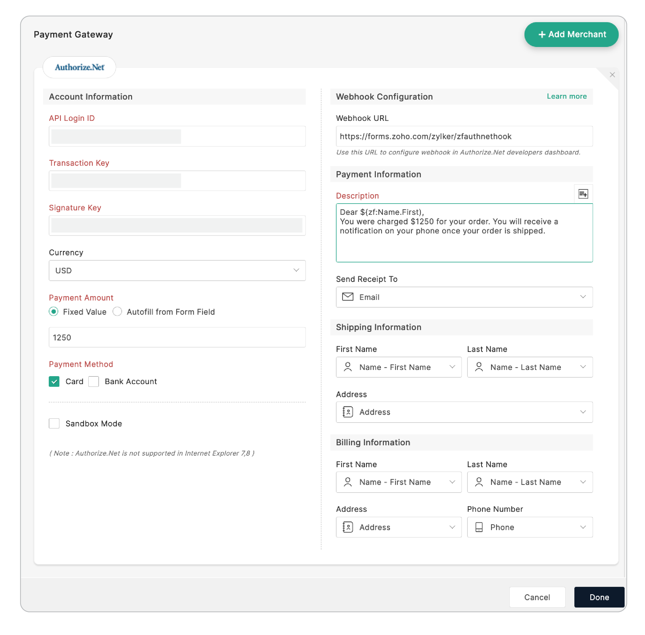 Authorize.Net payment gateway configuration