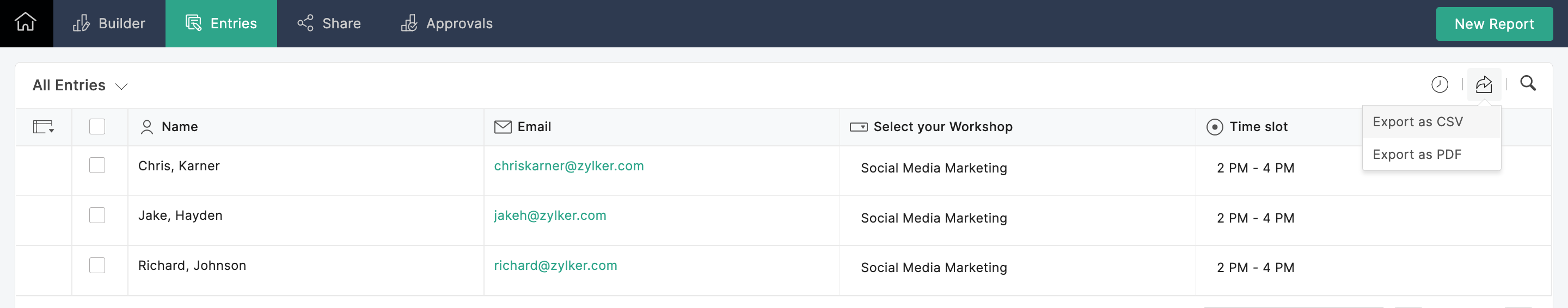 Export as CSV or PDF