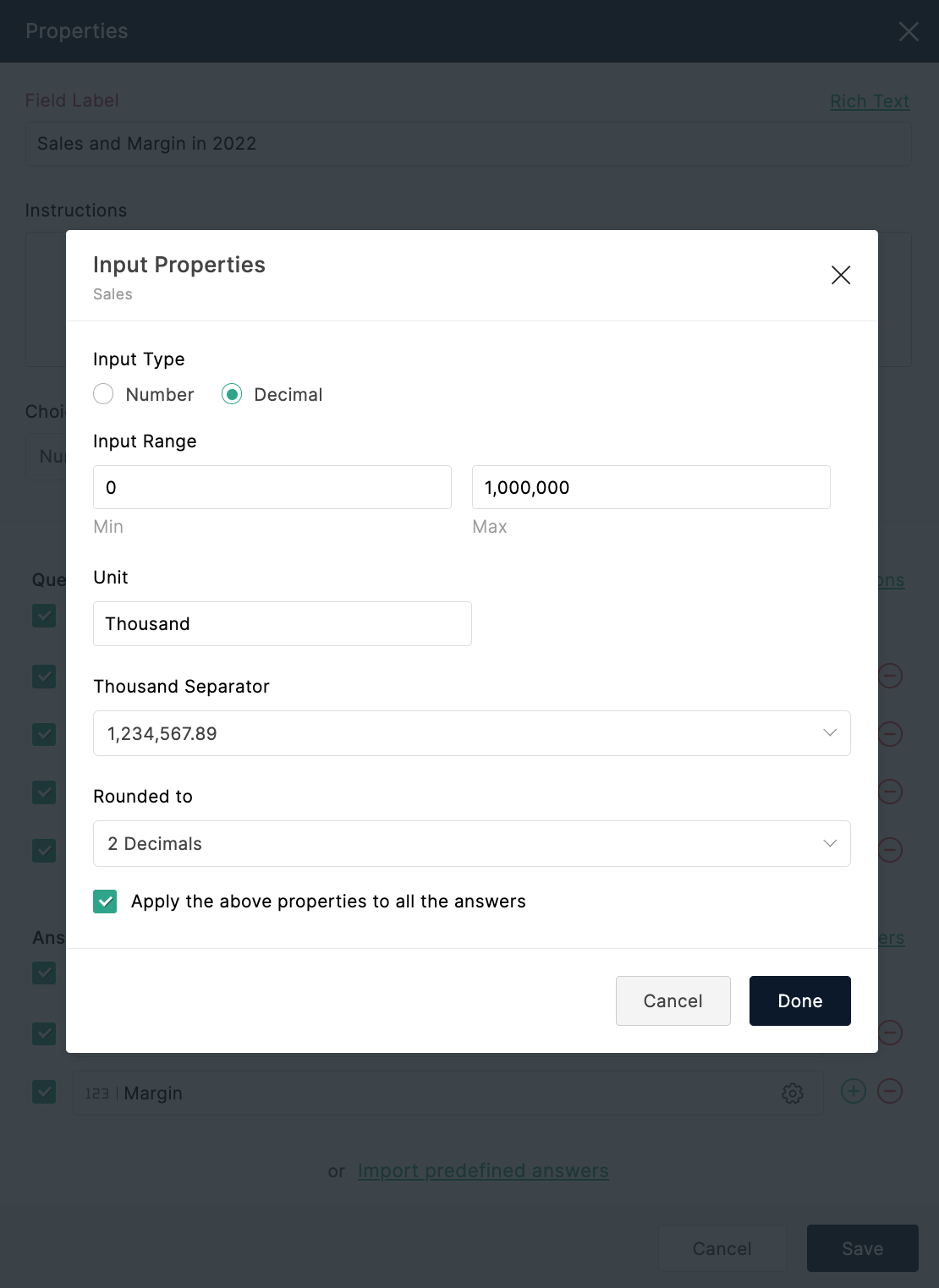 Number type input properties