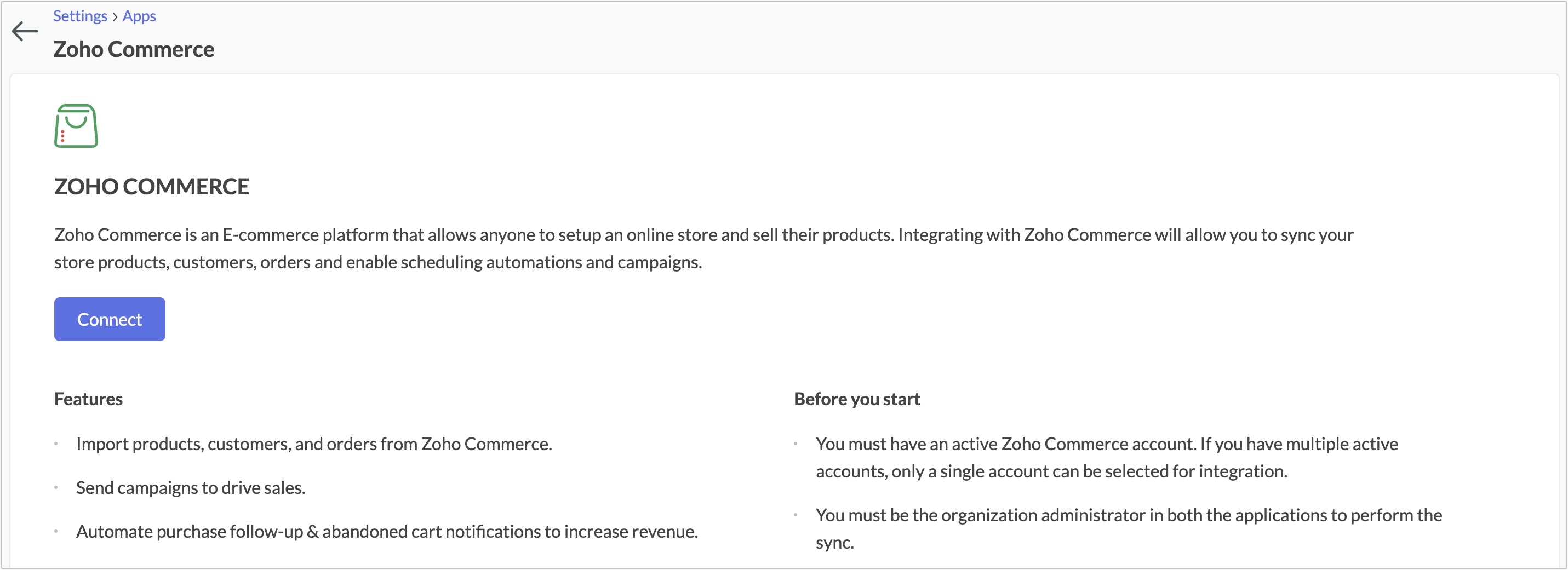 Zoho Commerce connect