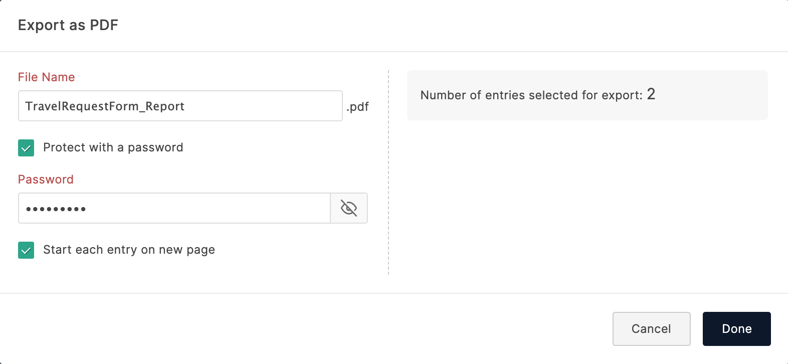 Export as PDF pop-up