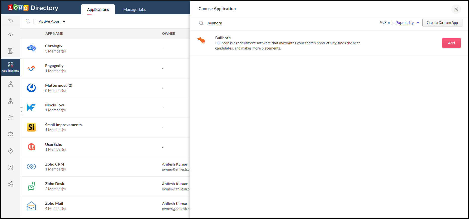 Bullhorn in Zoho Directory