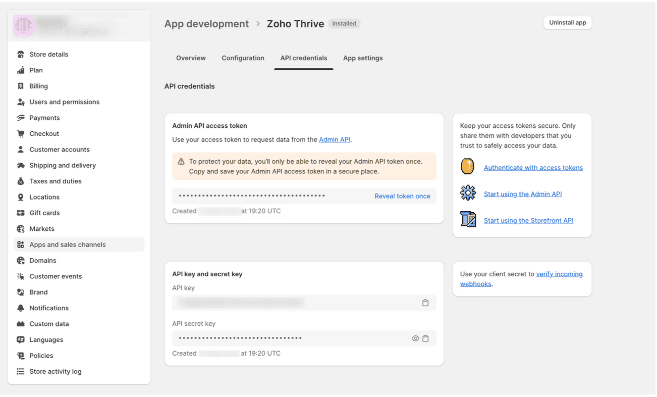 API Credentials Section View