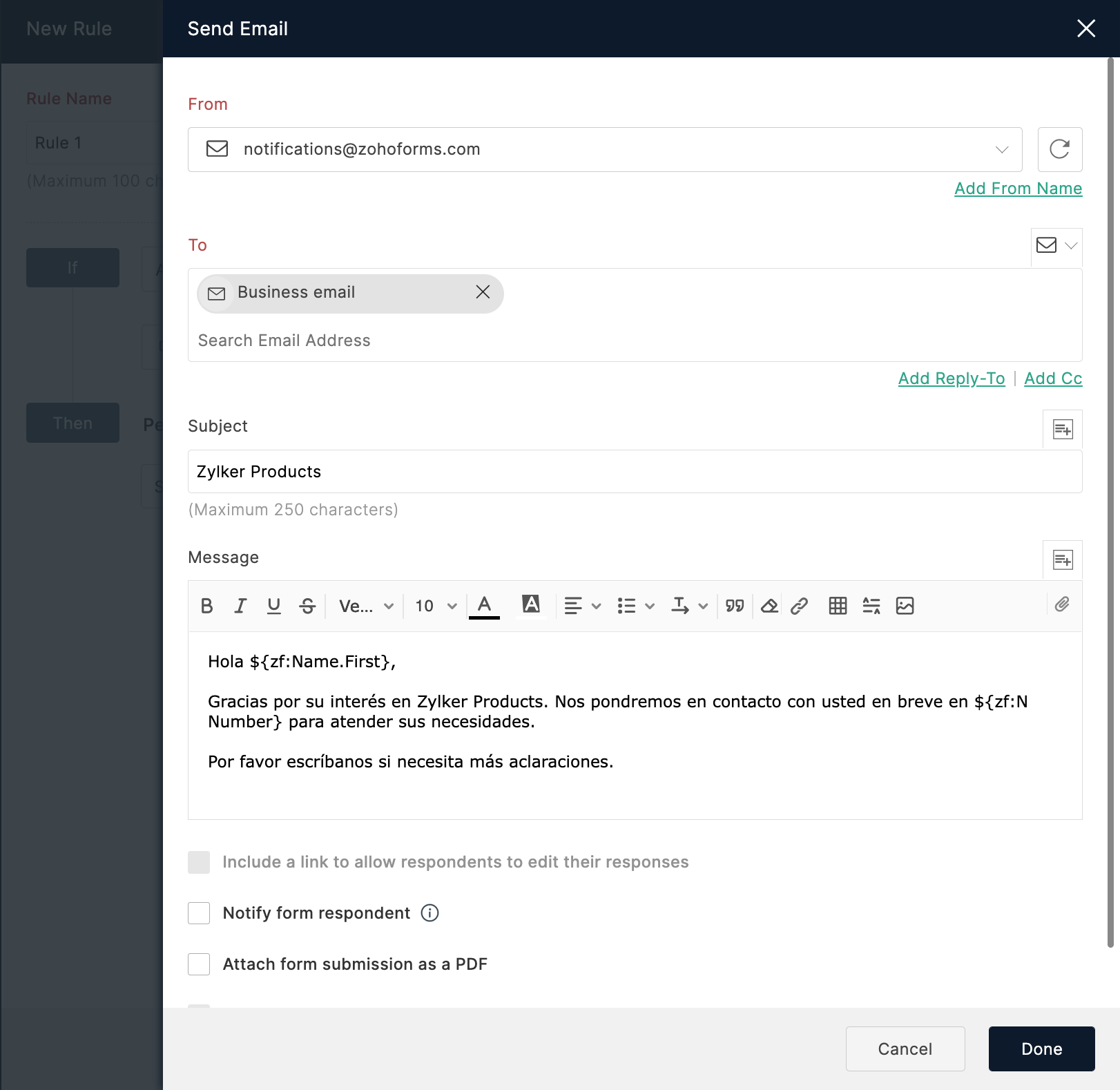 Configure email content in the desired language