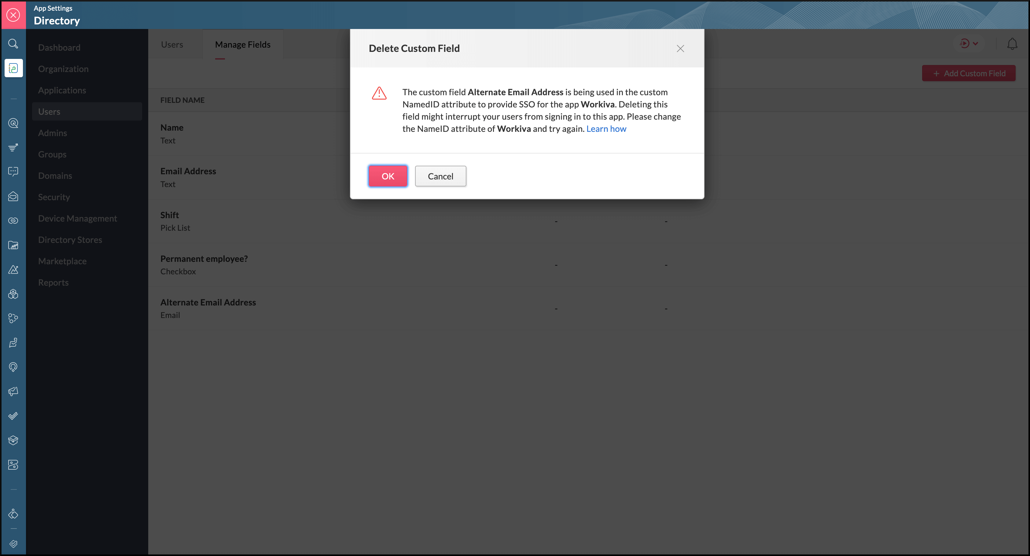 The error message shown when deleting the custom field.