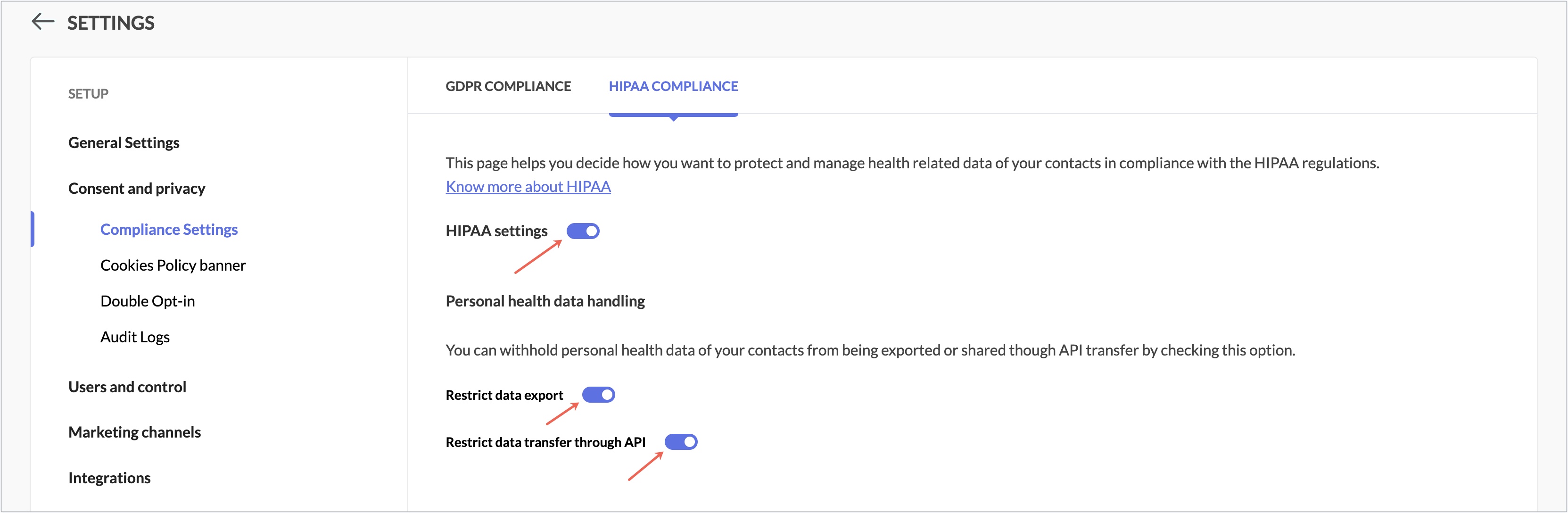 HIPAA settings