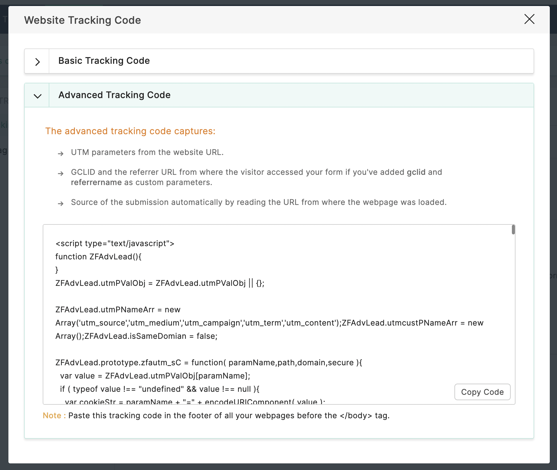 Copy Advanced Tracking code
