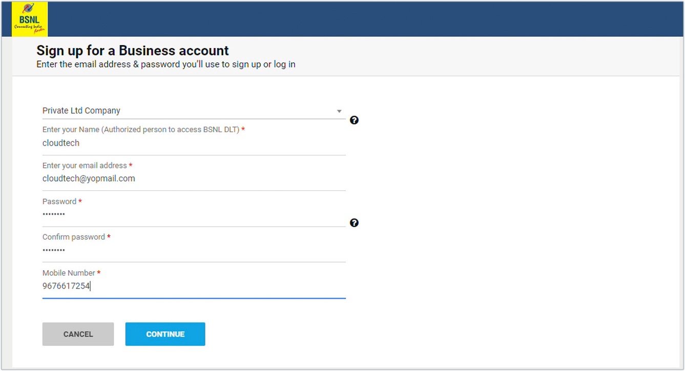 BSNL business account setup