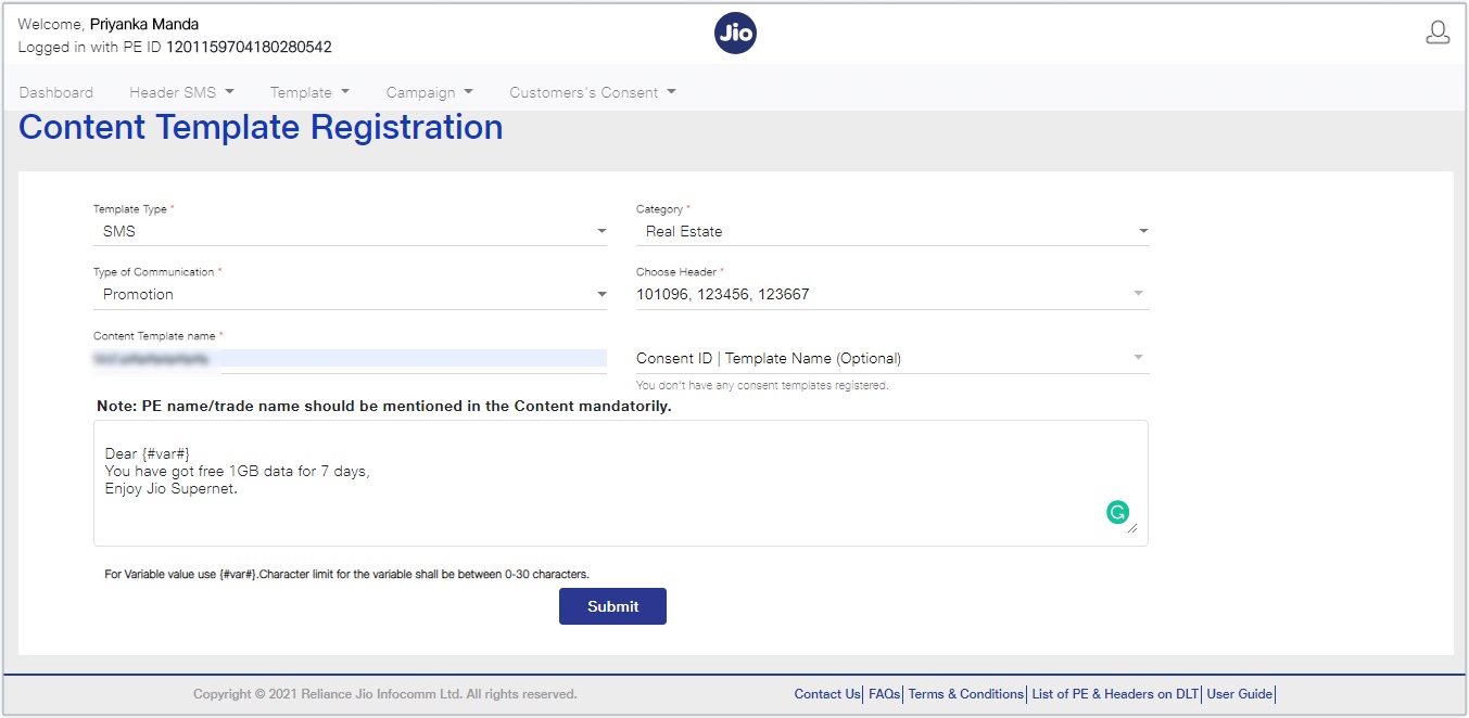 Jio Content template registration form