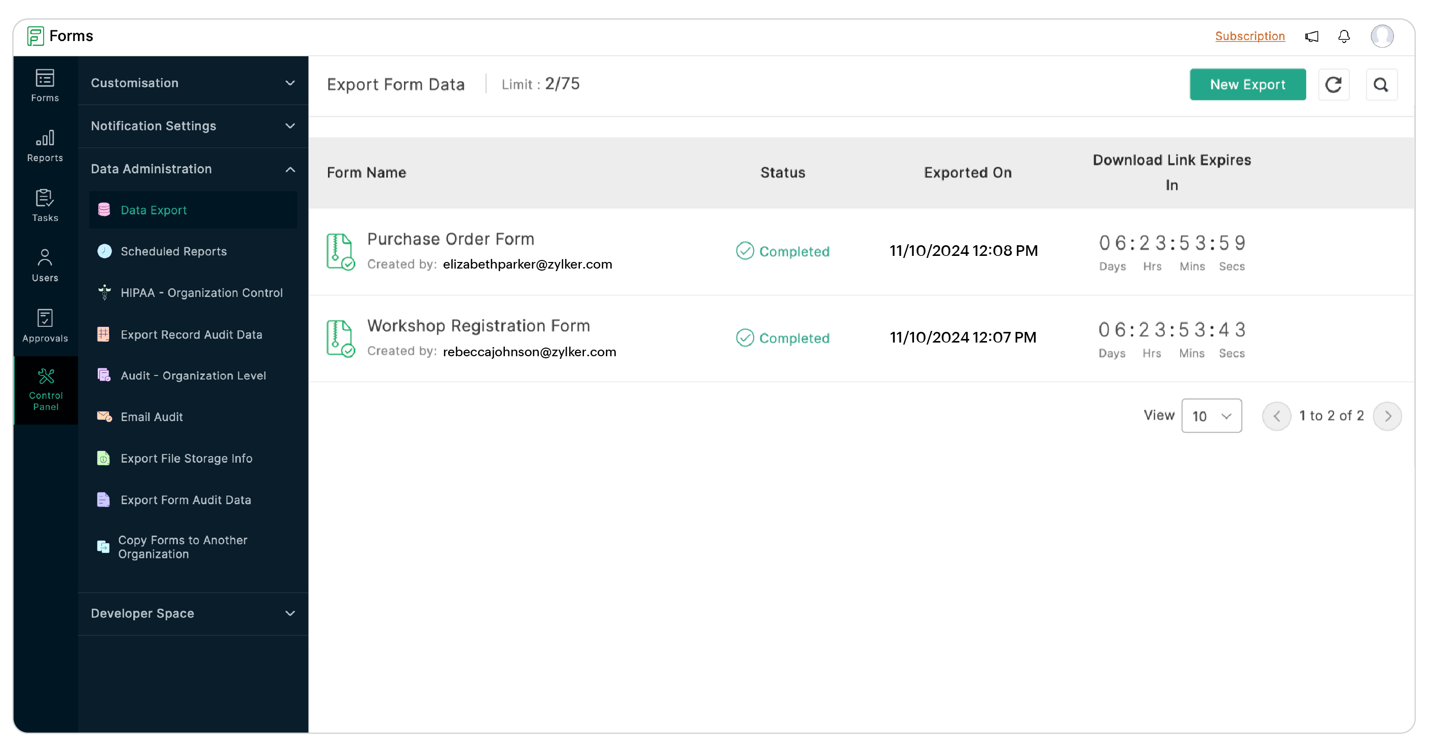 Download exported form data