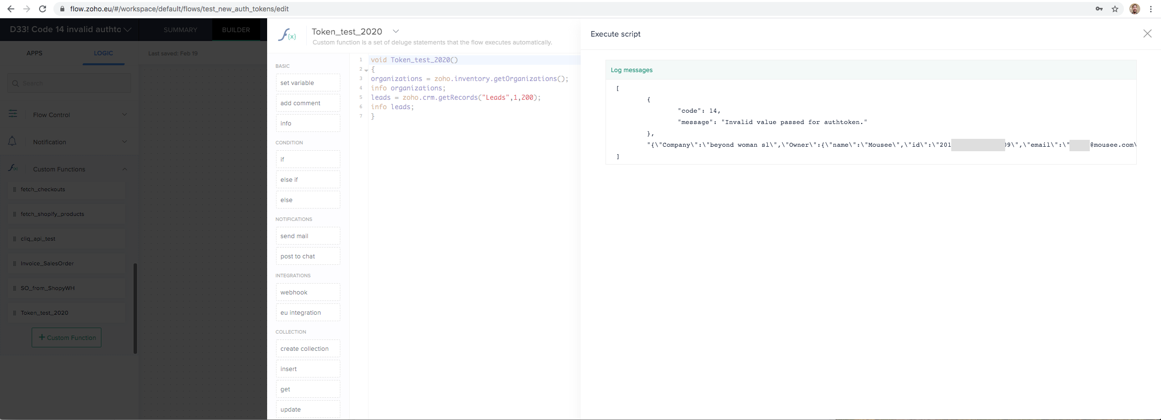 Call To Zoho Inventory Any Method From A Custom Deluge Function Within Zoho Flow Returns Error Code 14 Invalid Value Passed For Authtoken